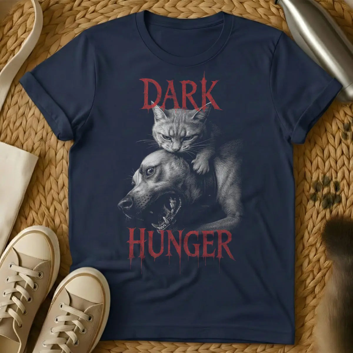 Dark Cat Dog Shirt - Navy T-Shirt - animal hierarchy satire, cat supremacy apparel, feline dominance humor