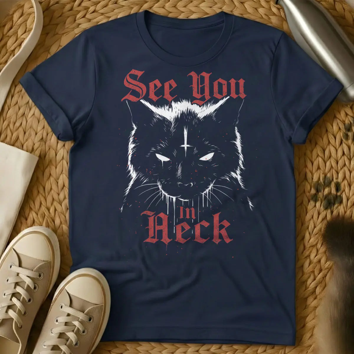 C U In Heck Shirt - Navy T-Shirt - euphemistic humor, mischievous feline, politely rude aesthetic