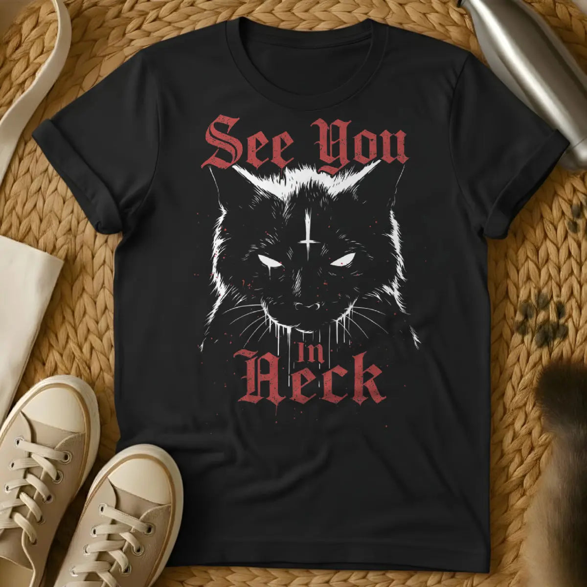 C U In Heck Shirt - Black T-Shirt - euphemistic humor, mischievous feline, politely rude aesthetic