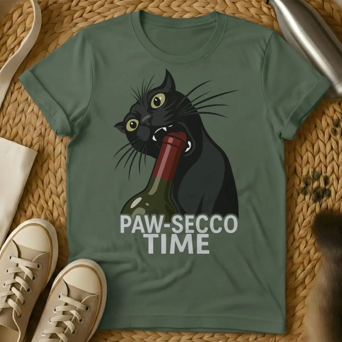 Prosecco Cat Shirt - Military Green Cat T-Shirt