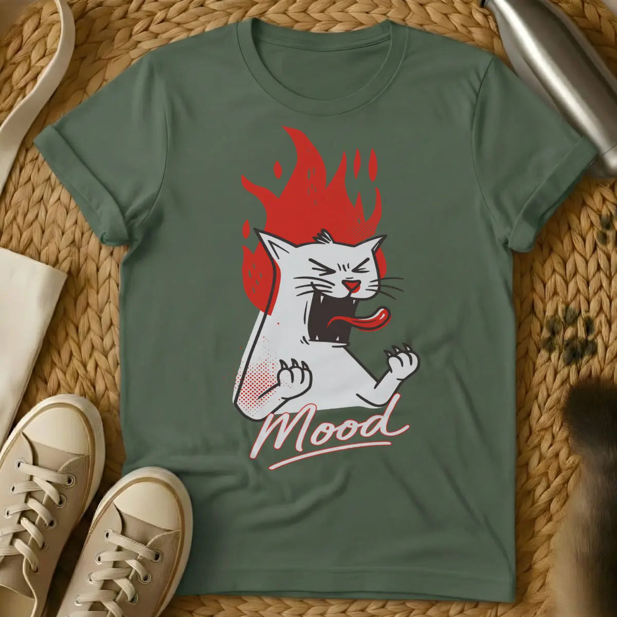 Bad Mood Cat Shirt - Military Green T-Shirt - anti-social cat, boundary setting humor, introvert humor