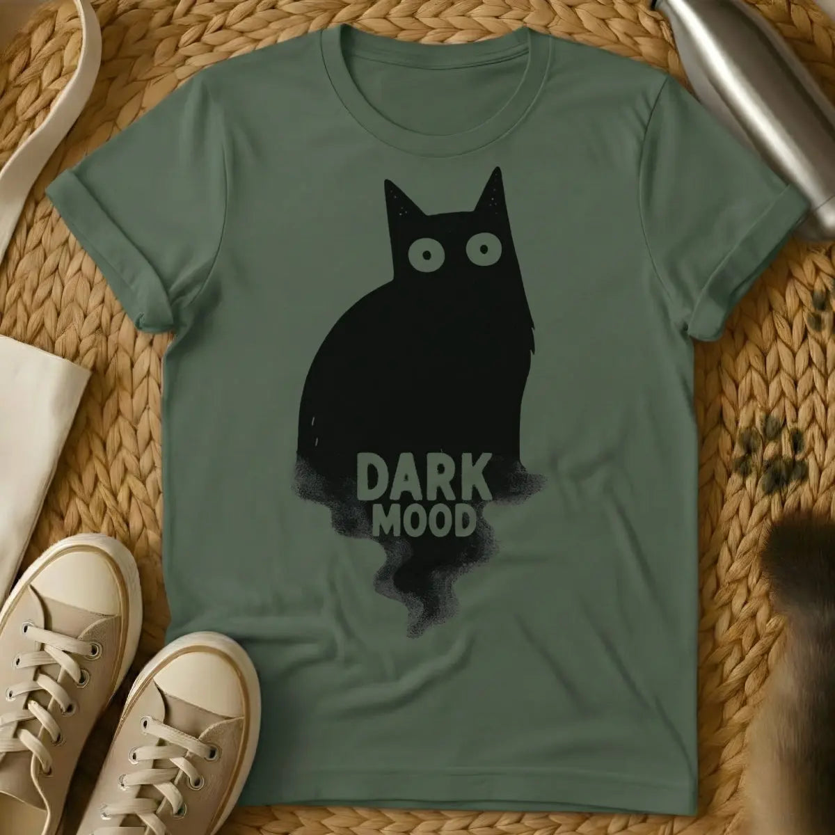 Dark Mood Cat Shirt - Military Green T-Shirt - dark academia cat, emotional support animal art, gothic cat