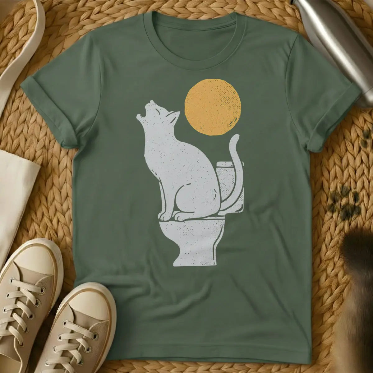 Full Moon Cat Shirt - Military Green T-Shirt - esoteric cat, lunar feline, moon phase cat