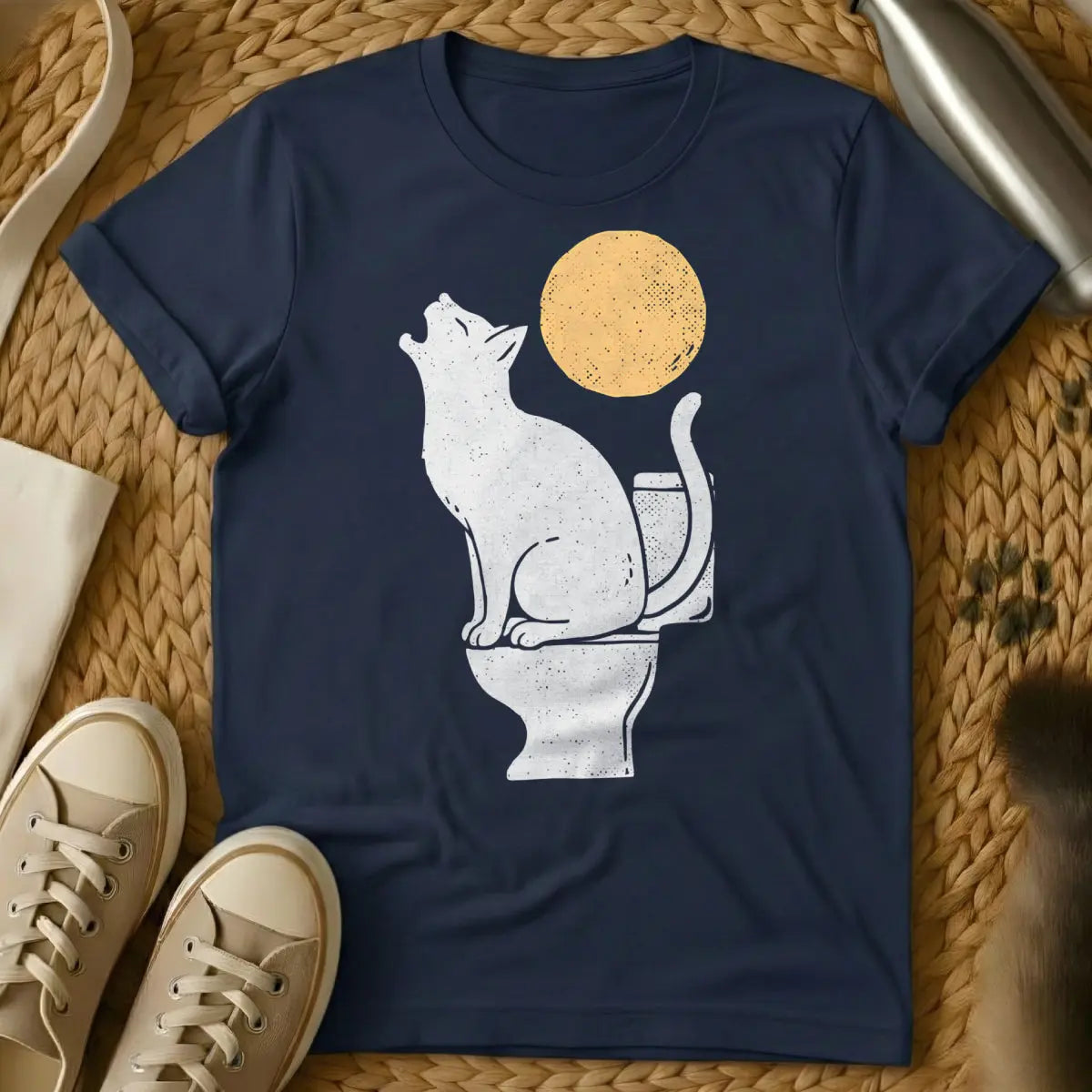 Full Moon Cat Shirt - Navy T-Shirt - esoteric cat, lunar feline, moon phase cat
