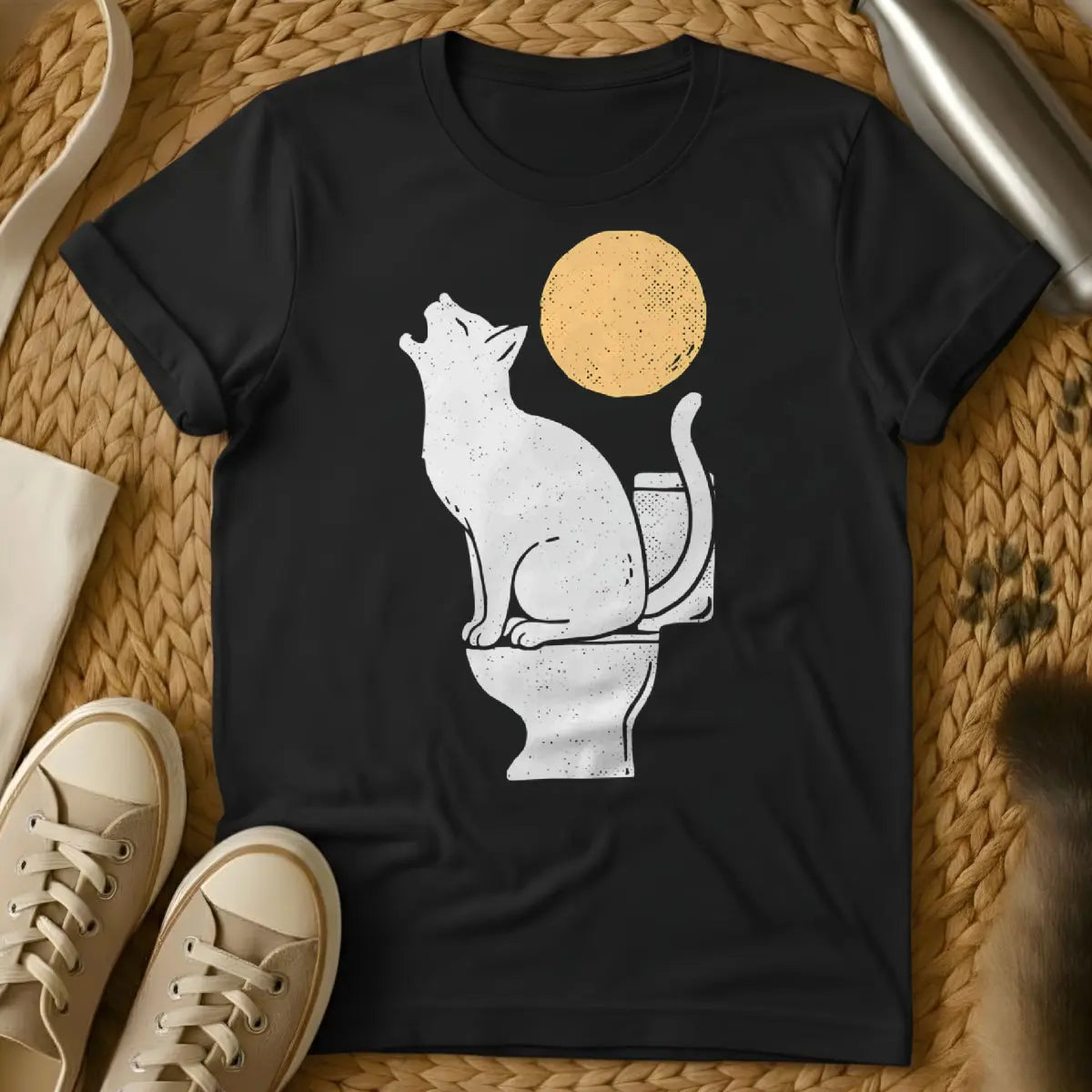Full Moon Cat Shirt - Black T-Shirt - esoteric cat, lunar feline, moon phase cat
