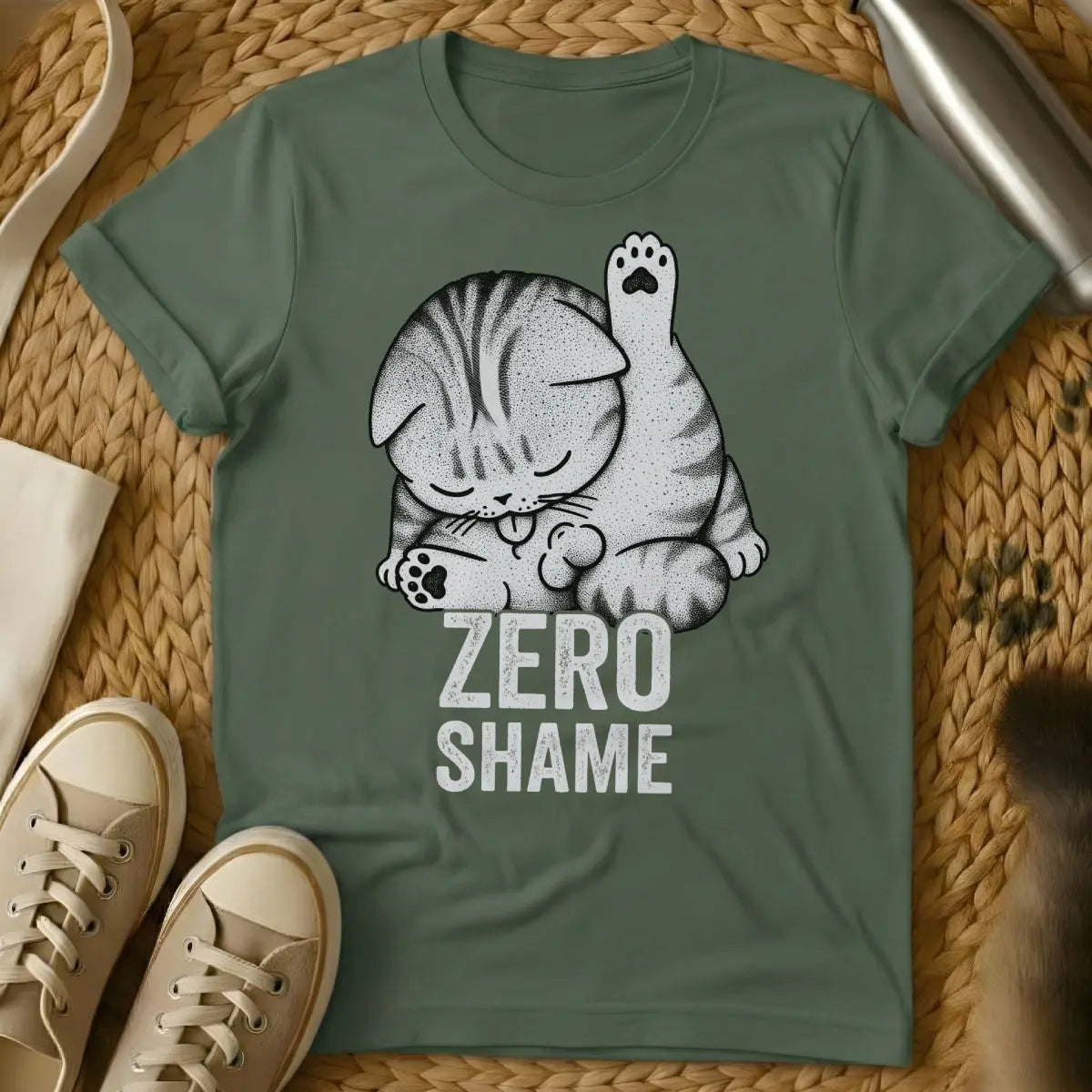 No Shame Cat Shirt - Military Green Cat T-Shirt