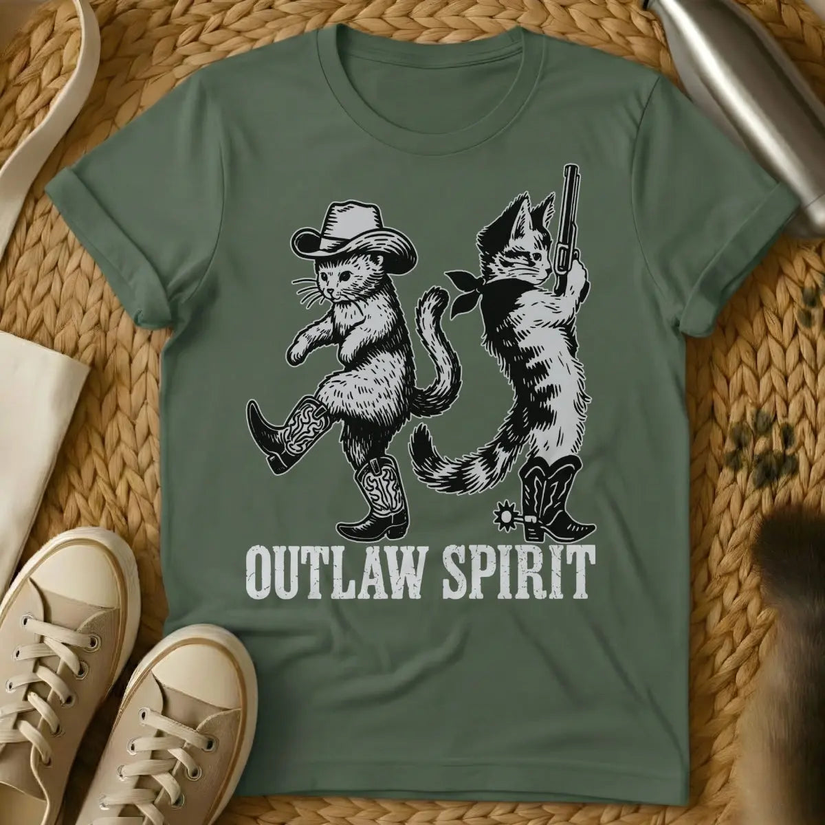 Cowboy Cats Shirt - Military Green T-Shirt - anthropomorphic western, feline frontier, kitty sheriff