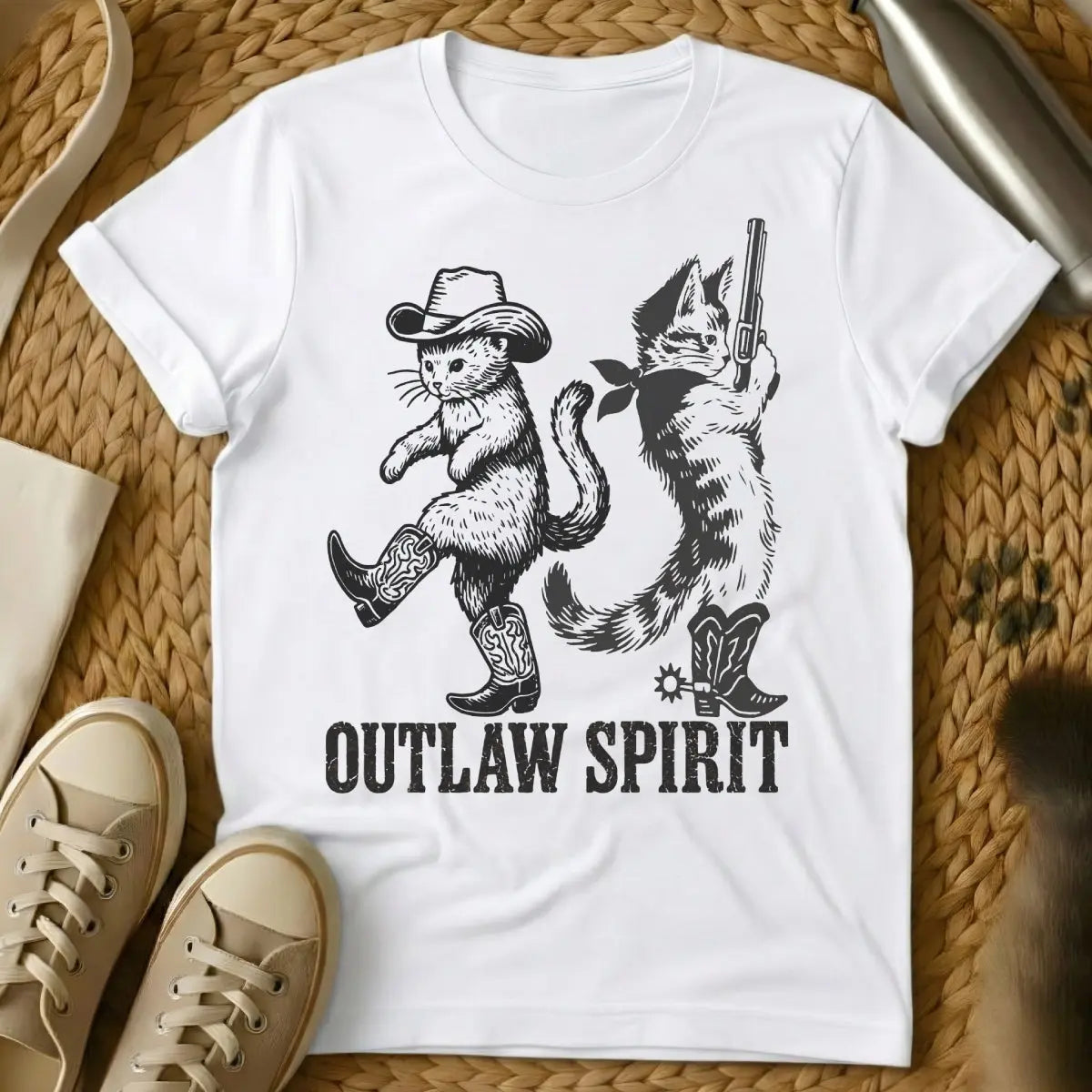 Cowboy Cats Shirt - White T-Shirt - anthropomorphic western, feline frontier, kitty sheriff