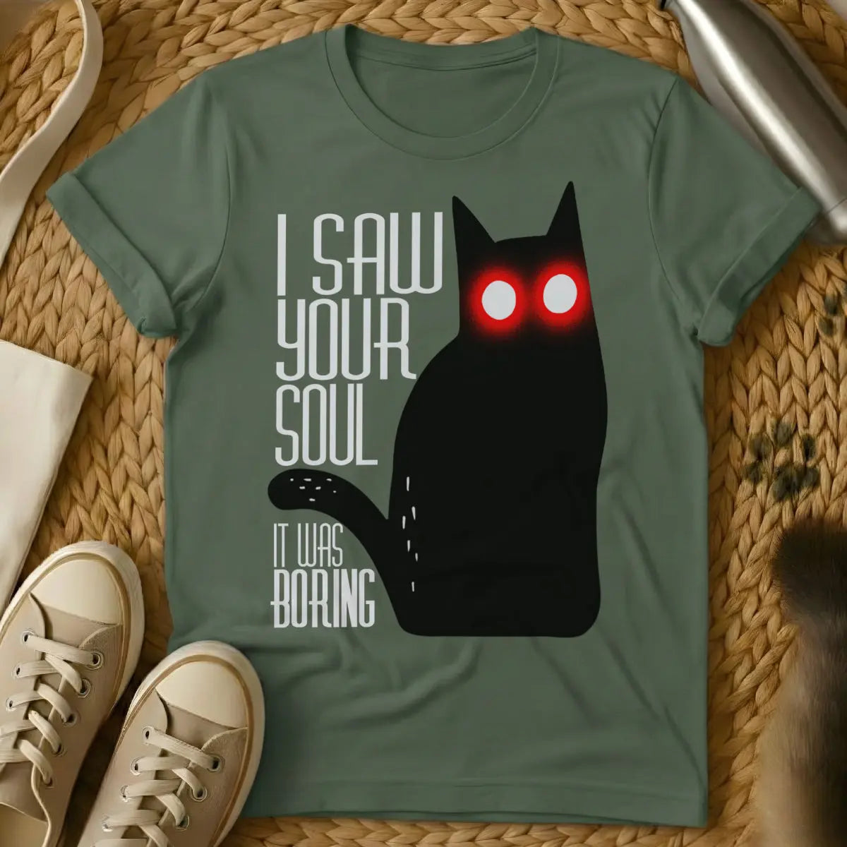 I Saw Your Soul Cat Shirt - Military Green Cat T-Shirt