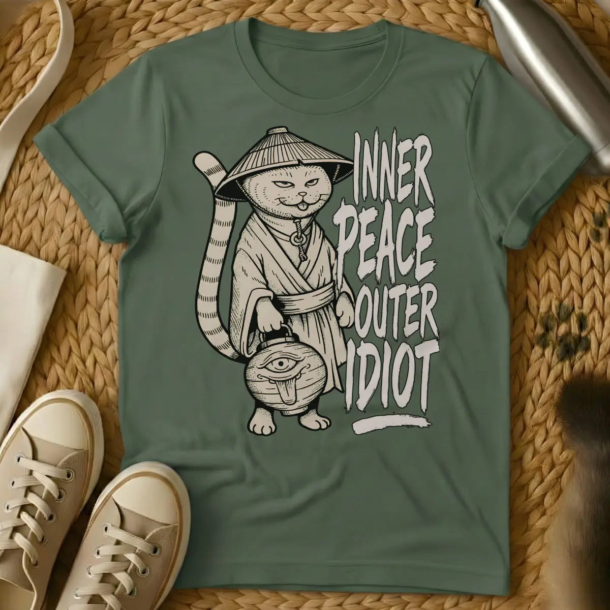 Outer Idiot Cat Shirt - Military Green Cat T-Shirt