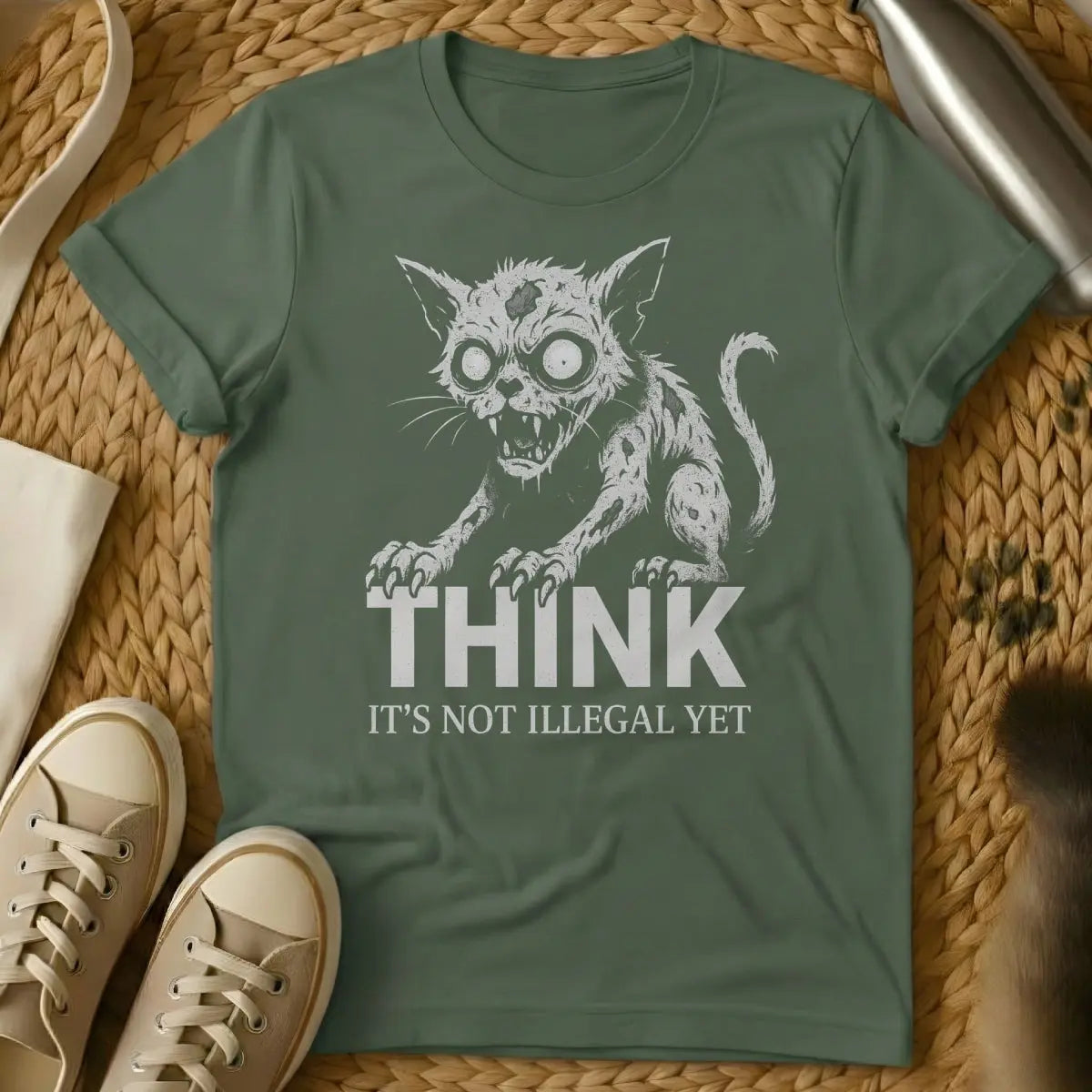 Think Cat Shirt - Military Green Cat T-Shirt