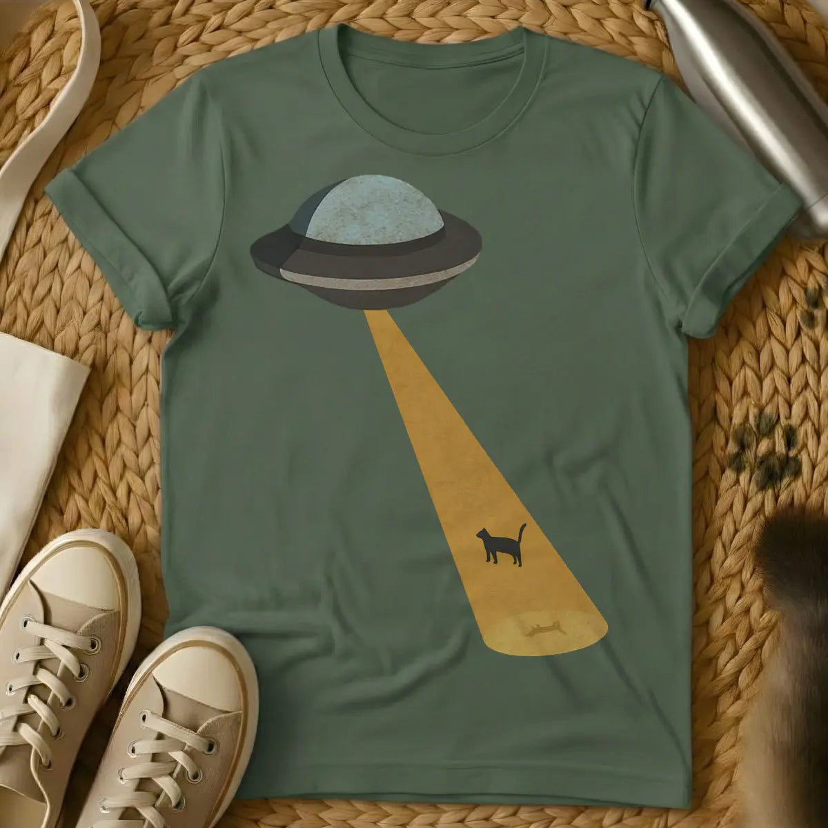 Cool UFO Cat Shirt - Military Green T-Shirt - alien observer cat, conspiracy cat, cosmic feline