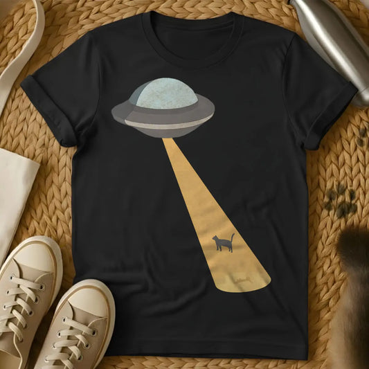 Cool UFO Cat Shirt - Black T-Shirt - alien observer cat, conspiracy cat, cosmic feline