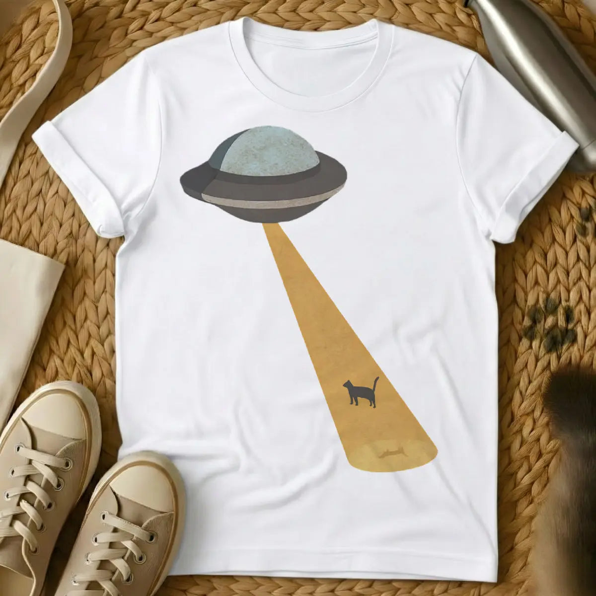 Cool UFO Cat Shirt - White T-Shirt - alien observer cat, conspiracy cat, cosmic feline