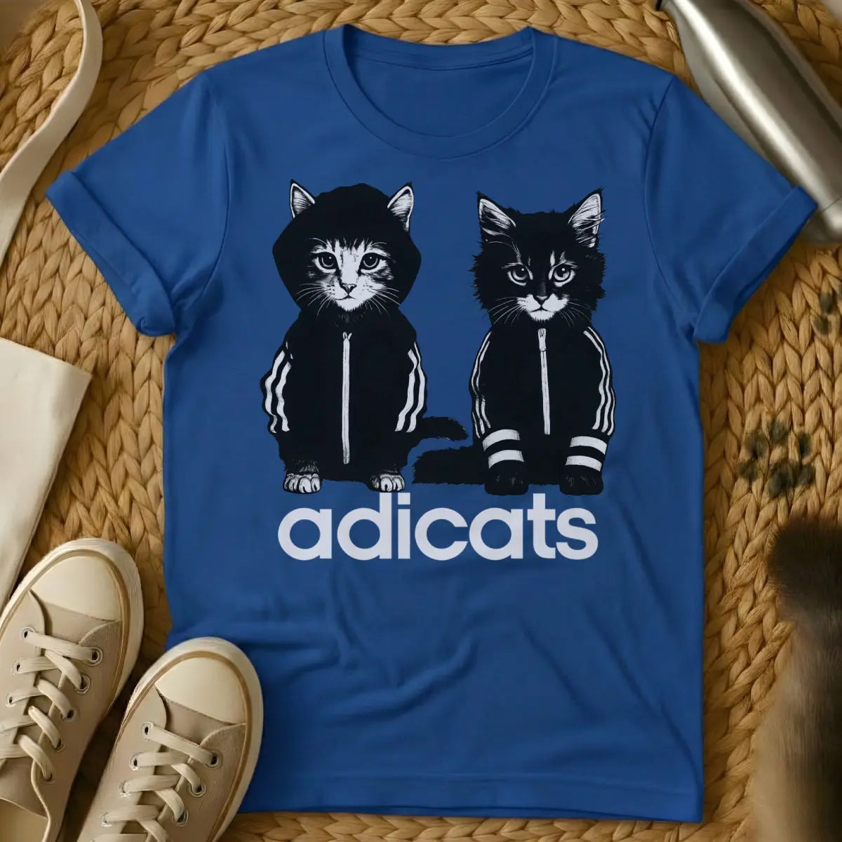 Adicats T Shirt - Blue T-Shirt - adidas parody, athletic feline, bootleg graphic