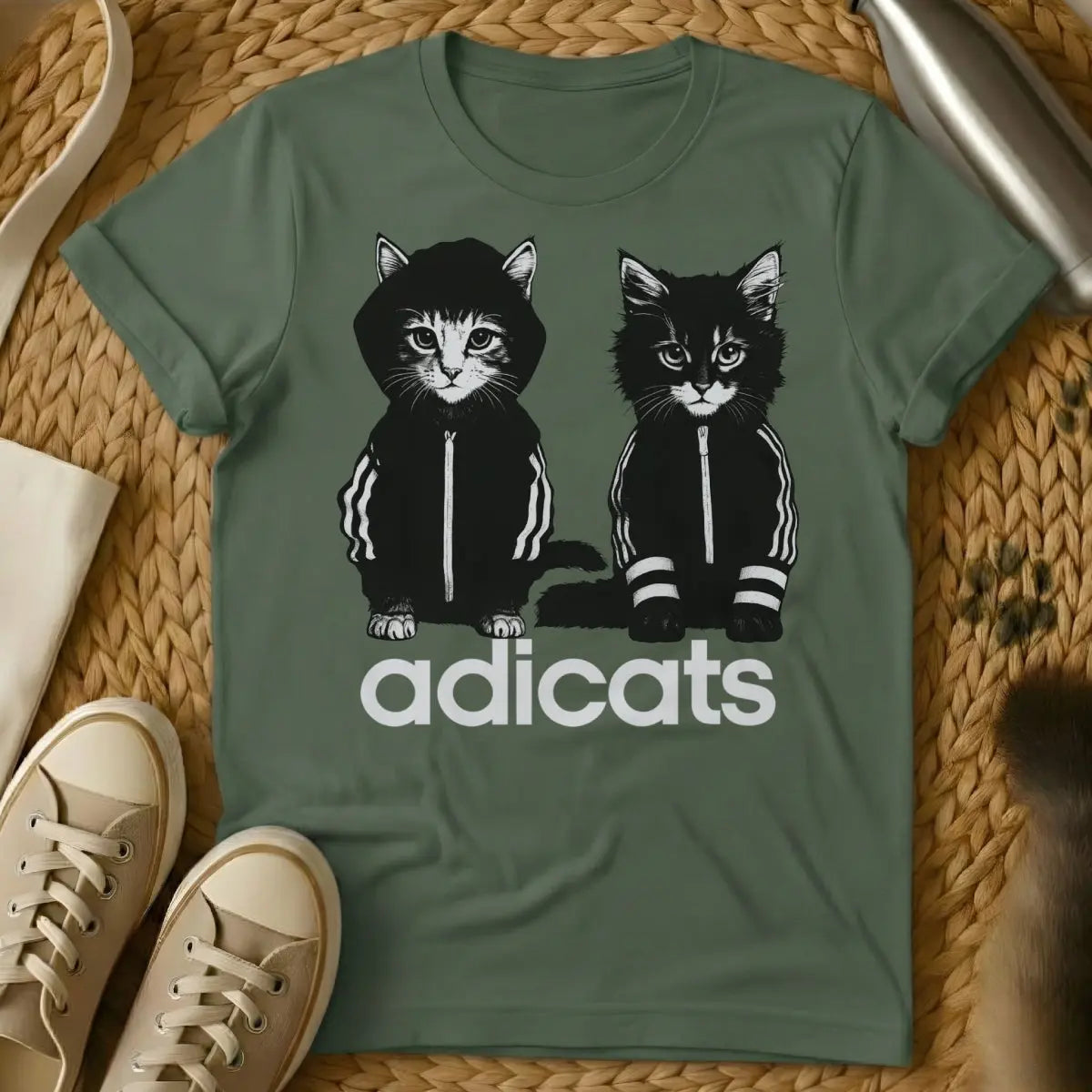 Adicats T Shirt - Military Green T-Shirt - adidas parody, athletic feline, bootleg graphic