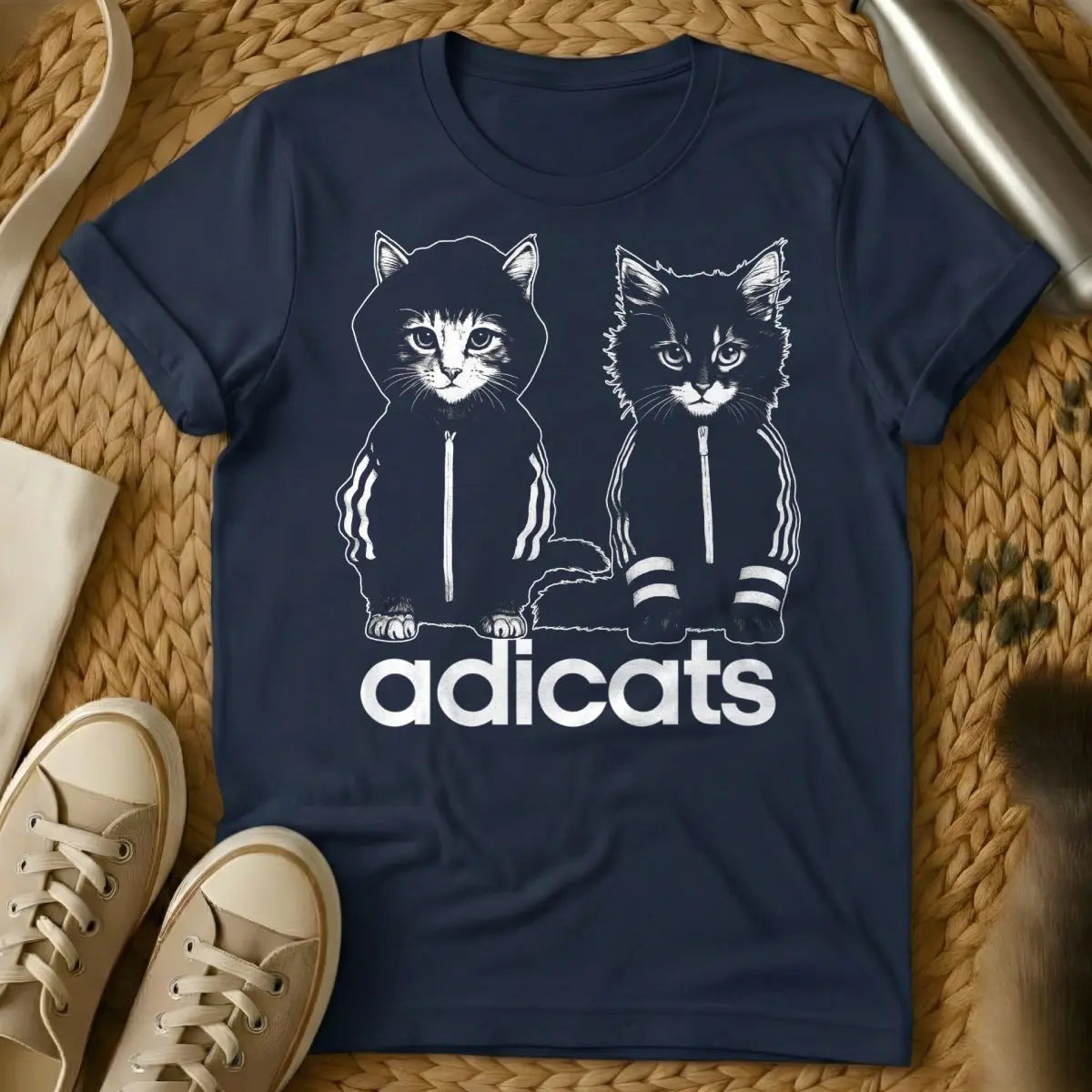 Adicats T Shirt - Navy T-Shirt - adidas parody, athletic feline, bootleg graphic