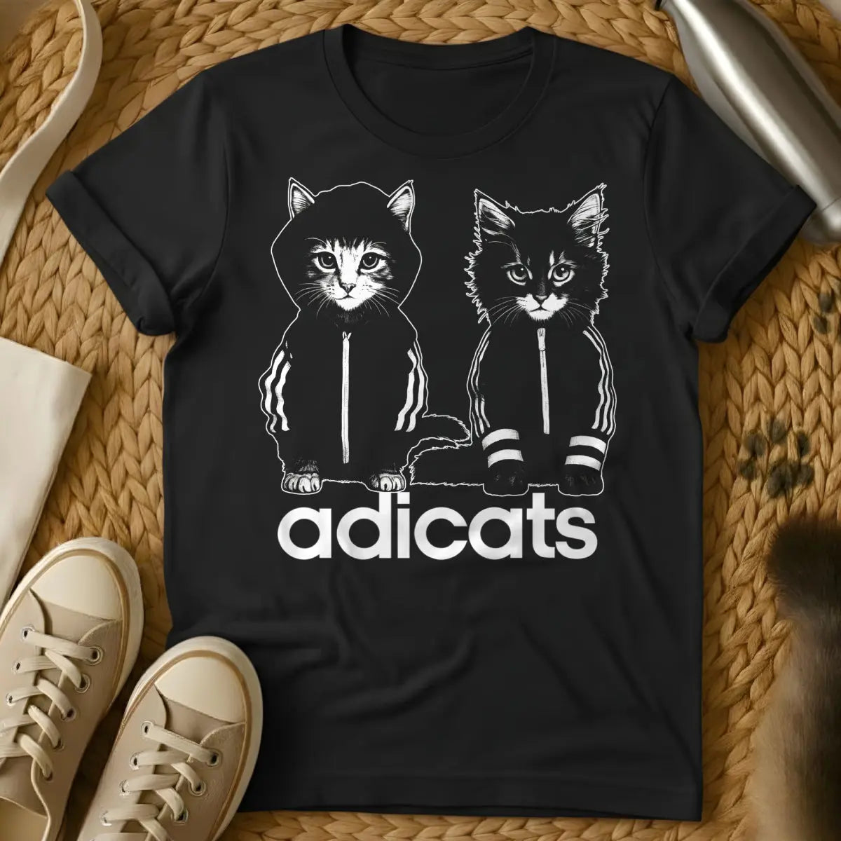 Adicats T Shirt - Black T-Shirt - adidas parody, athletic feline, bootleg graphic