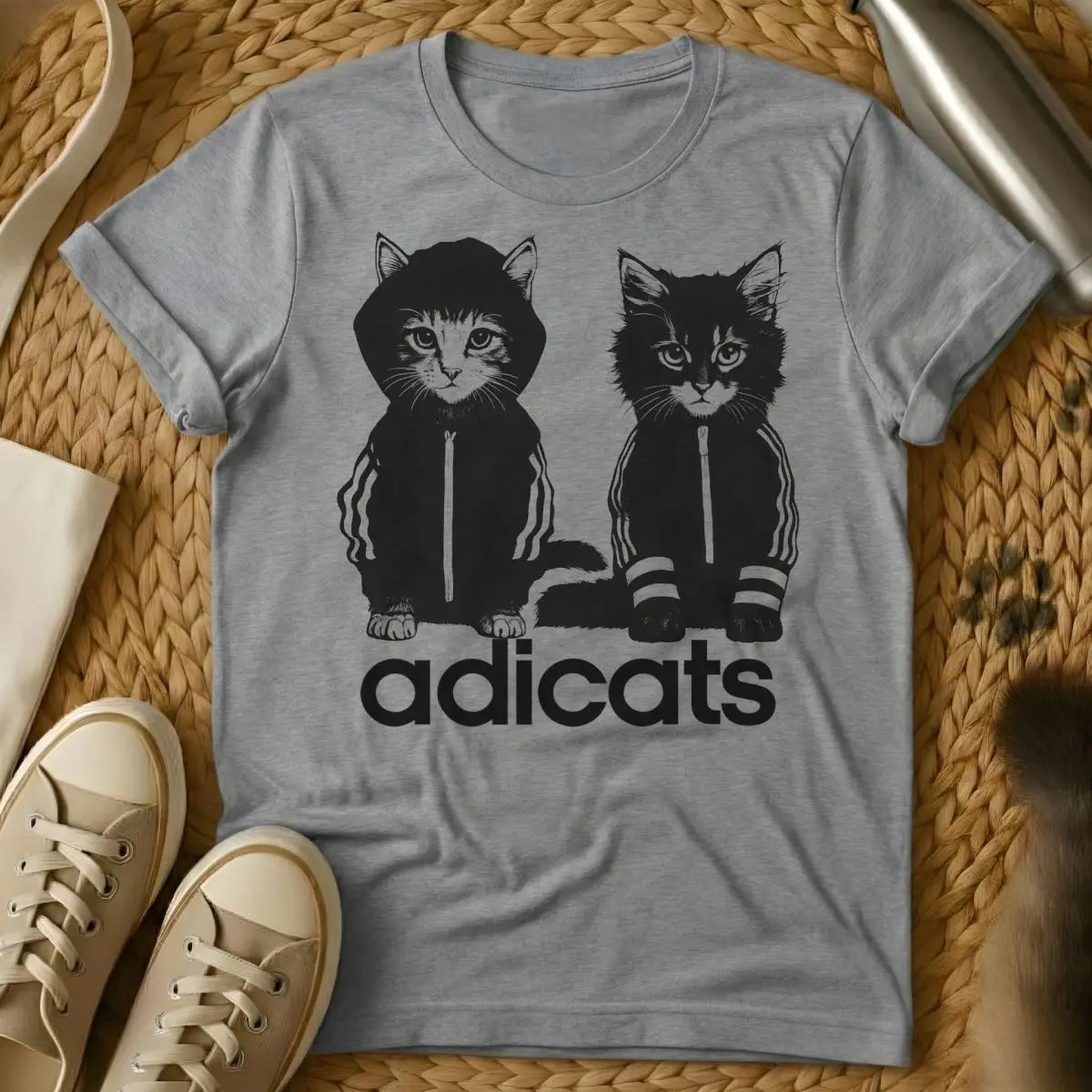 Adicats T Shirt - Gray T-Shirt - adidas parody, athletic feline, bootleg graphic