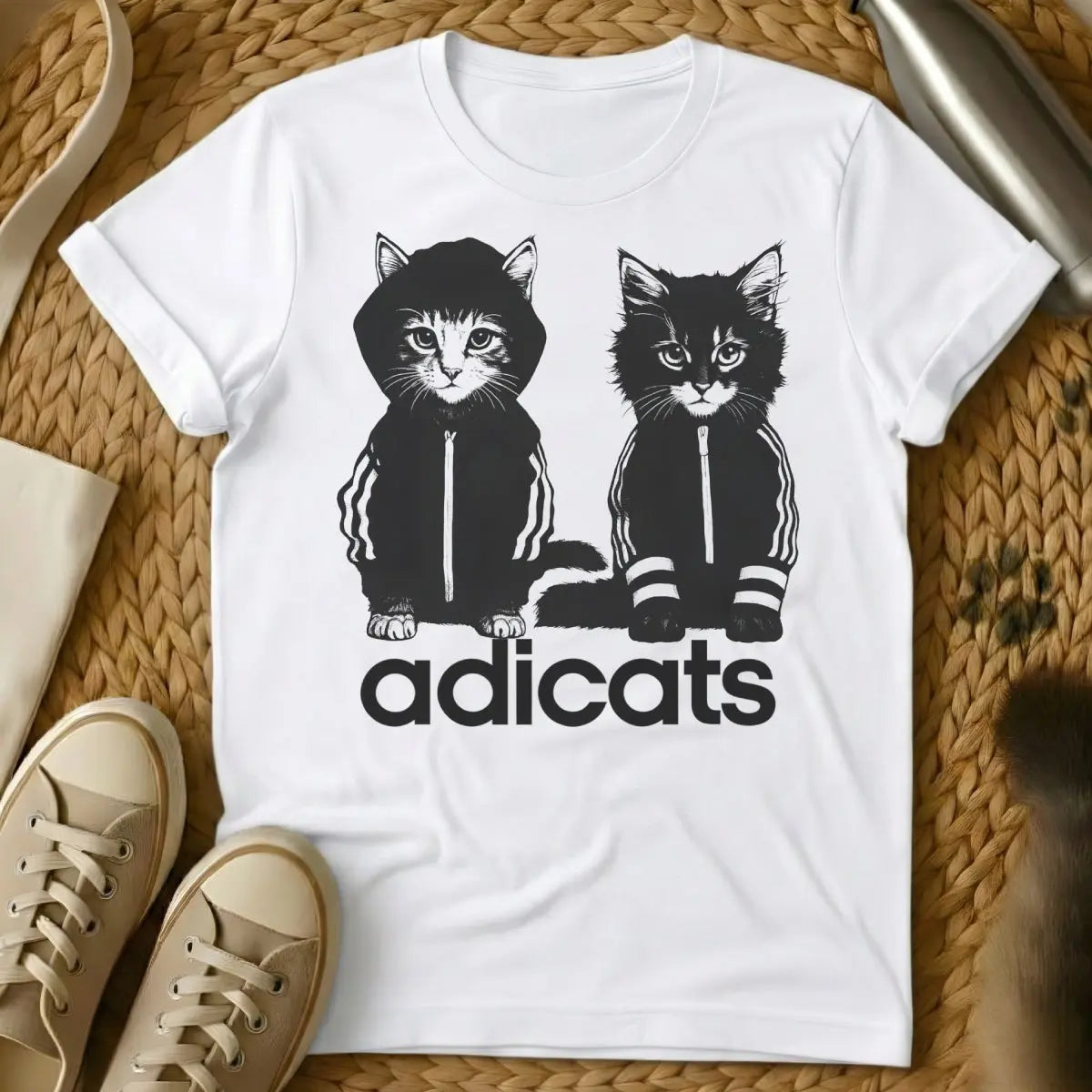 Adicats T Shirt - White T-Shirt - adidas parody, athletic feline, bootleg graphic