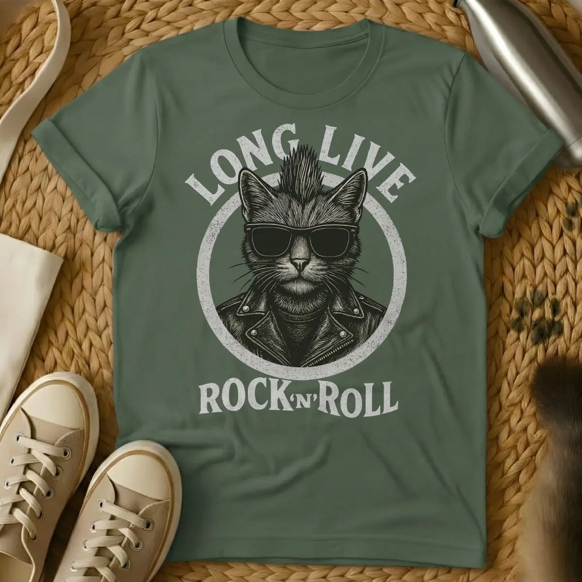 Rock and Roll Cat Shirt - Military Green Cat T-Shirt
