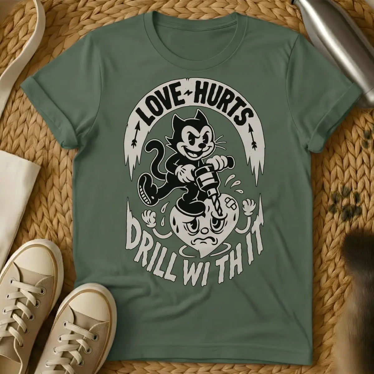 Love Hurts Cat Shirt - Military Green Cat T-Shirt