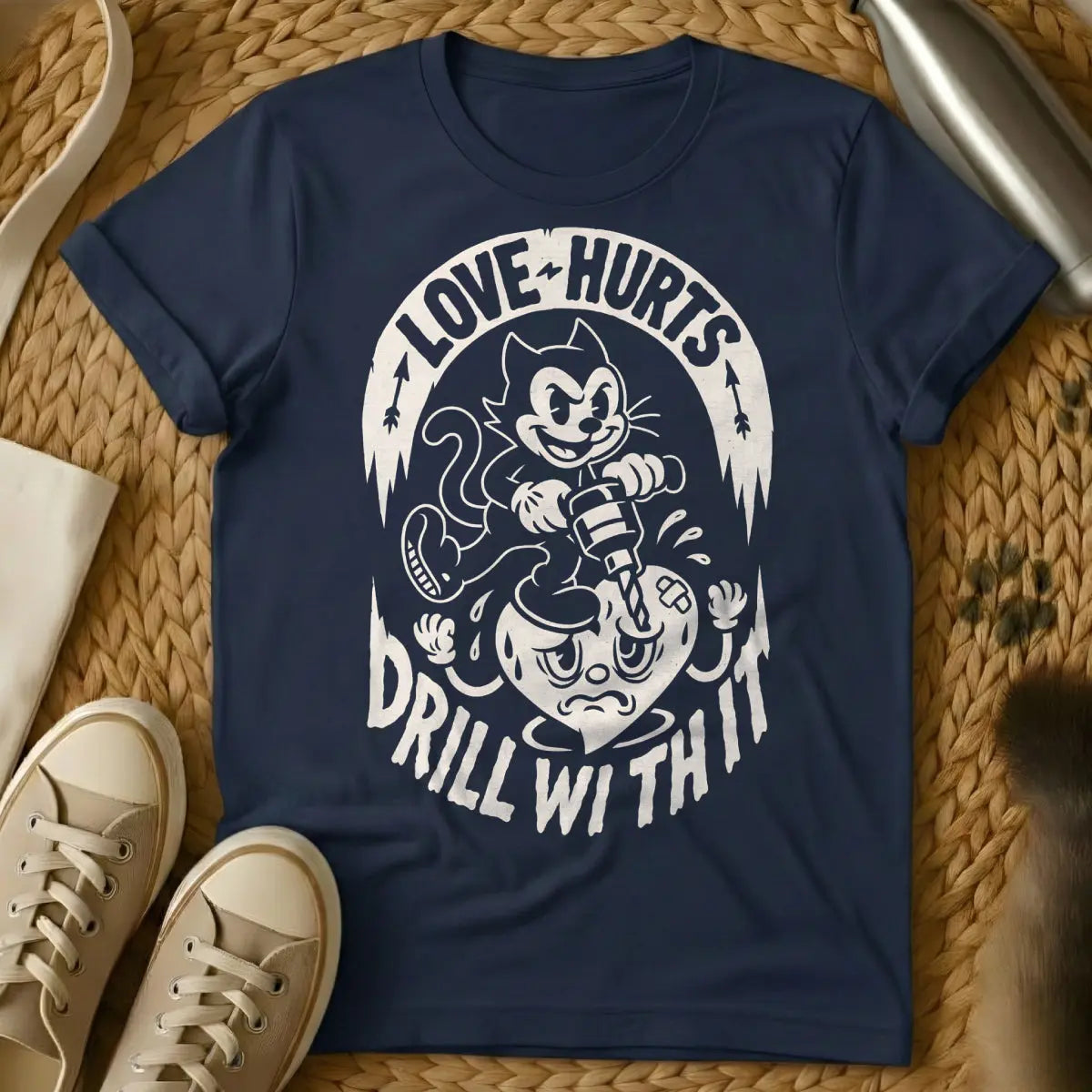 Love Hurts Cat Shirt - Navy Cat T-Shirt