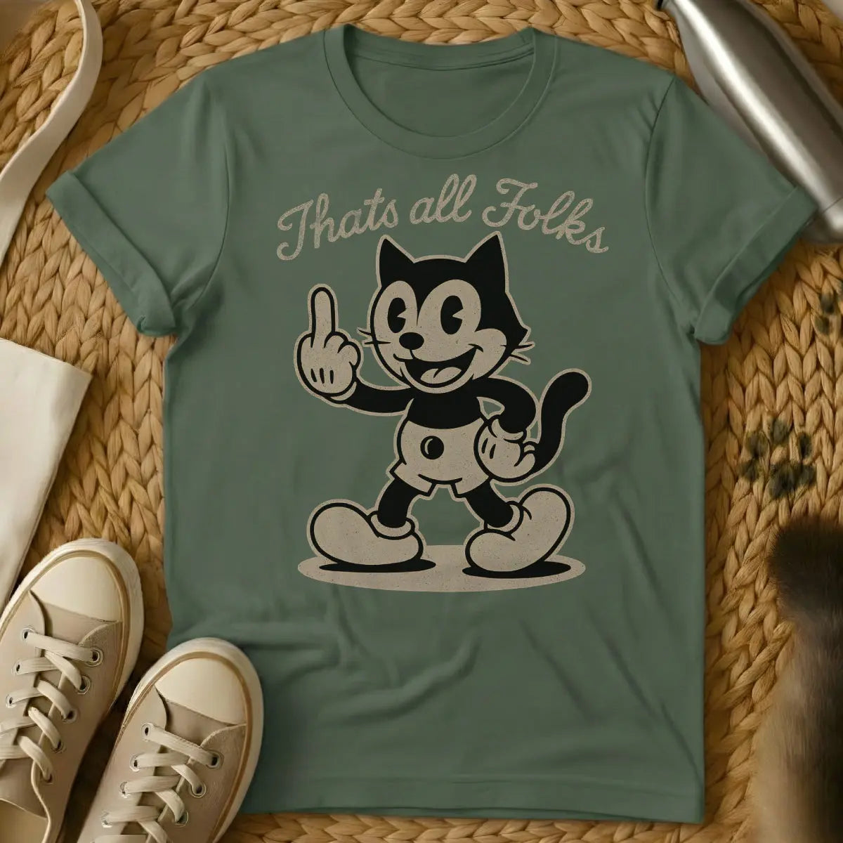 That's All Folks Cat T-Shirt - Military Green Cat T-Shirt