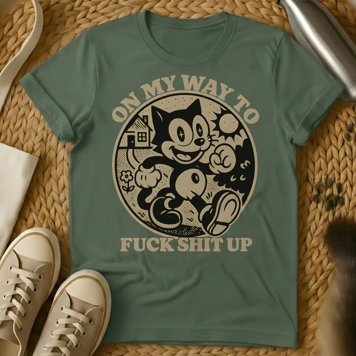 On My Way Shirt - Military Green Cat T-Shirt