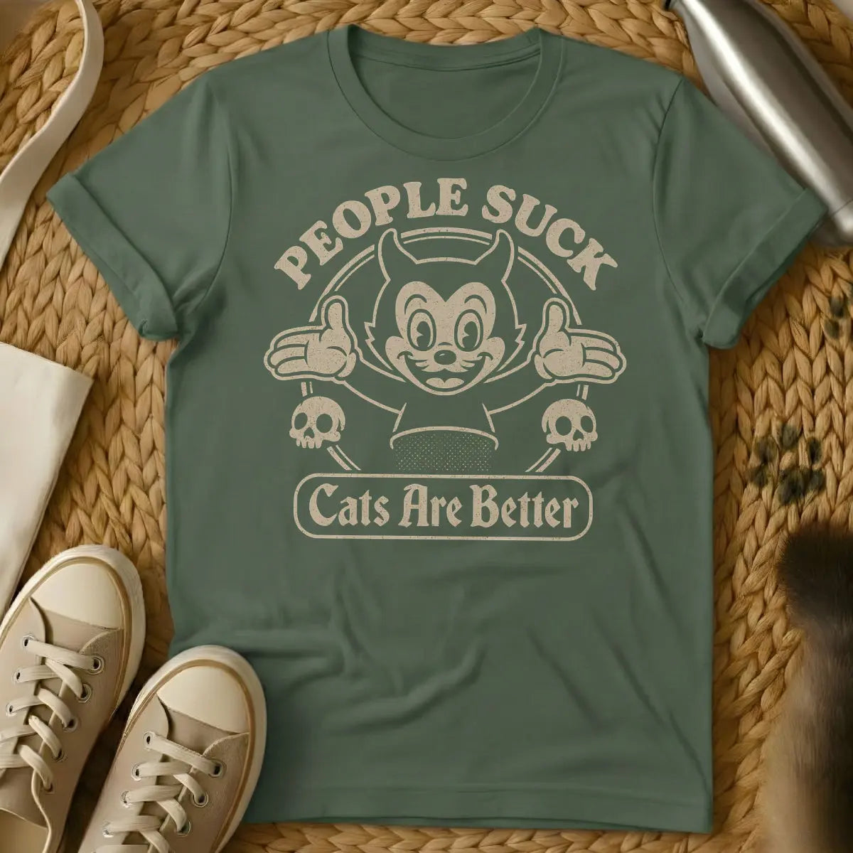 People Suck Cat Shirt - Military Green Cat T-Shirt