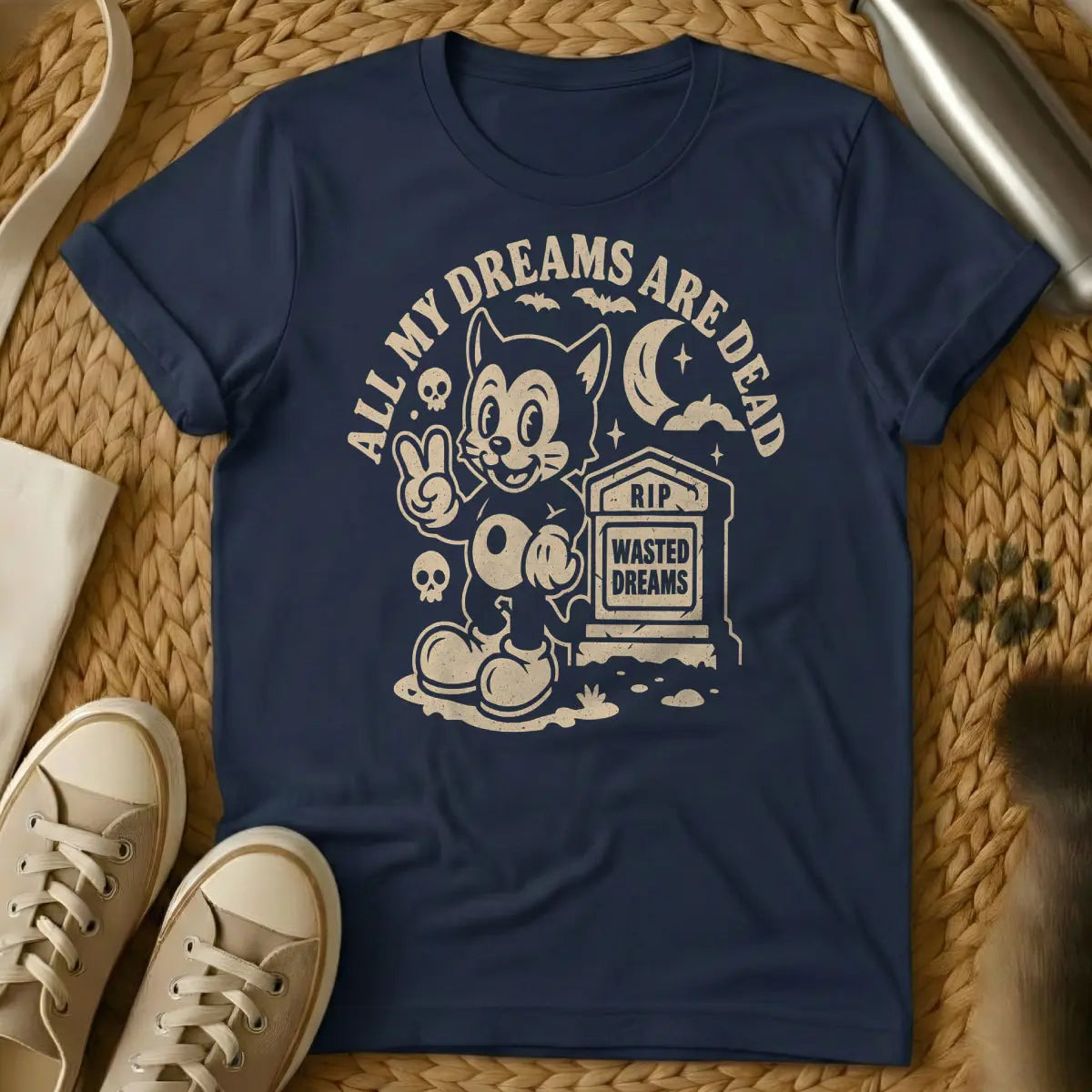 Dreams Cat Shirt - Navy T-Shirt - astral projection cat, dreamcore, inner world cat