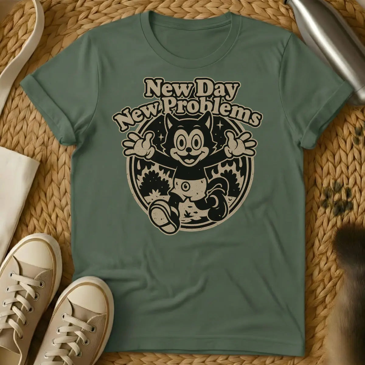 New Day Cat Shirt - Military Green Cat T-Shirt