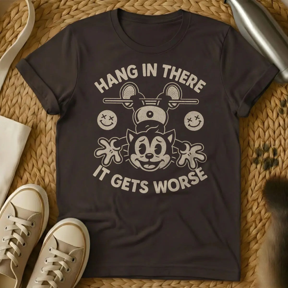 Hang In There Shirt - Dark Chocolate Cat T-Shirt