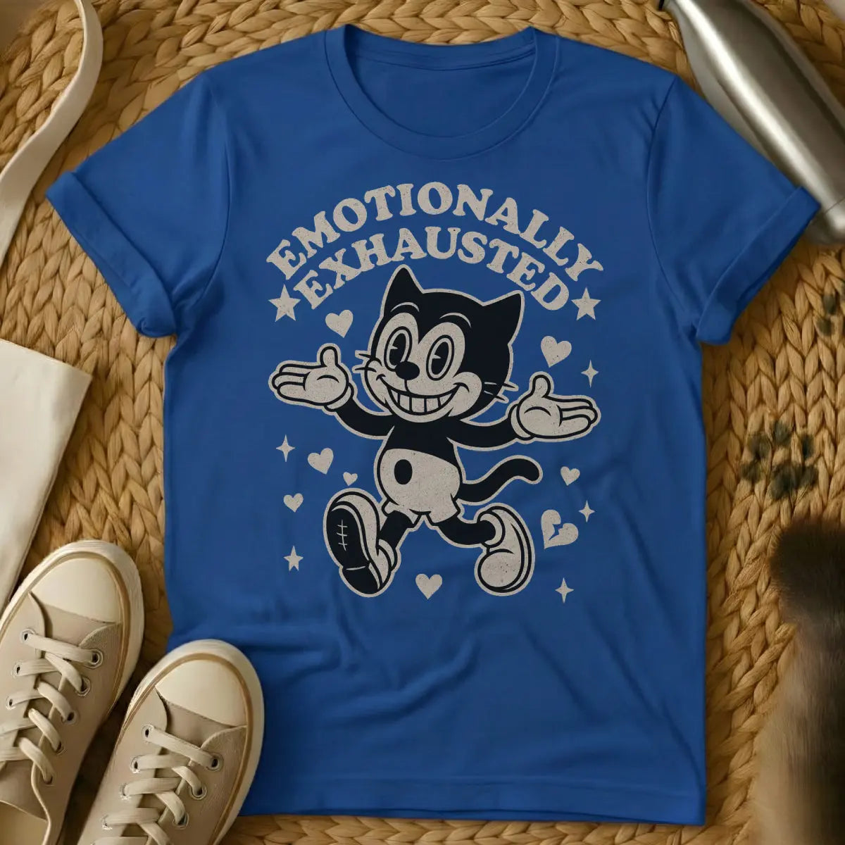 Emotionally Exhausted Cat Shirt - Blue T-Shirt - burnout humor, comfort core, emotional support animal humor