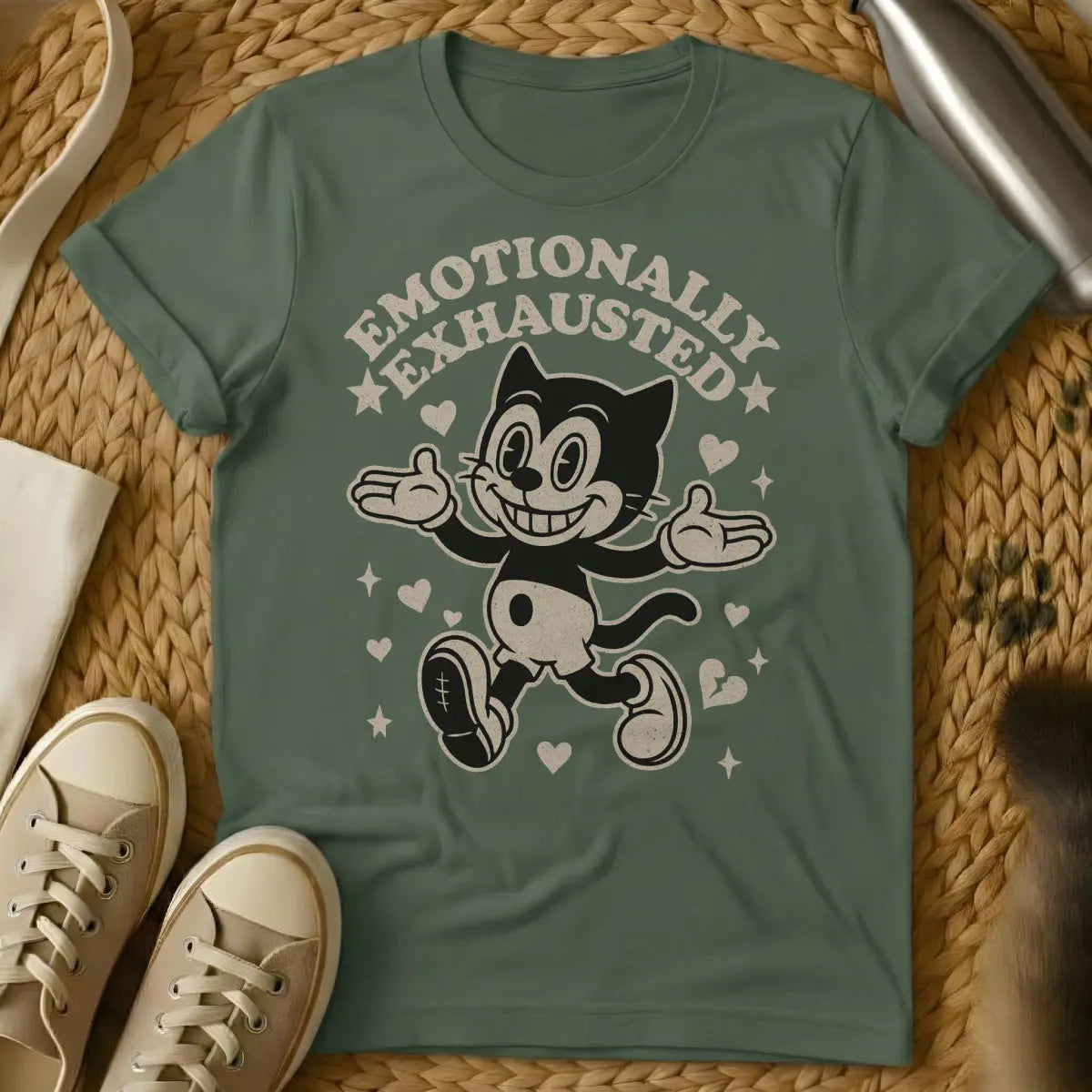 Emotionally Exhausted Cat Shirt - Military Green T-Shirt - burnout humor, comfort core, emotional support animal humor