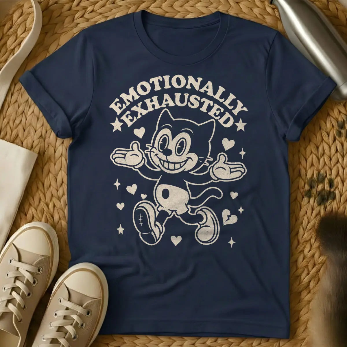 Emotionally Exhausted Cat Shirt - Navy T-Shirt - burnout humor, comfort core, emotional support animal humor