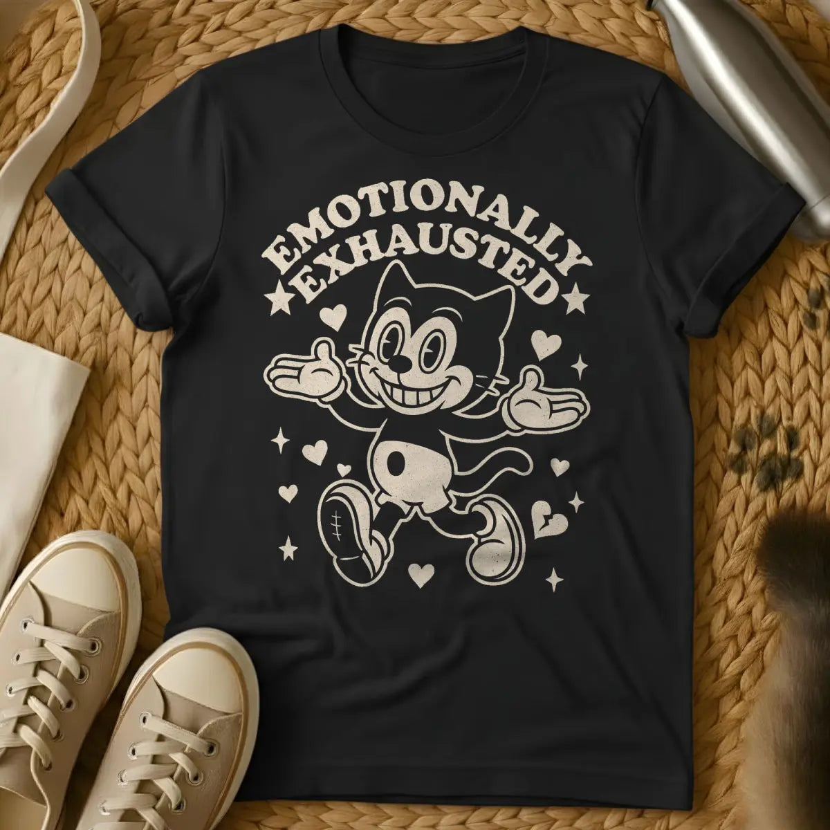 Emotionally Exhausted Cat Shirt - Black T-Shirt - burnout humor, comfort core, emotional support animal humor