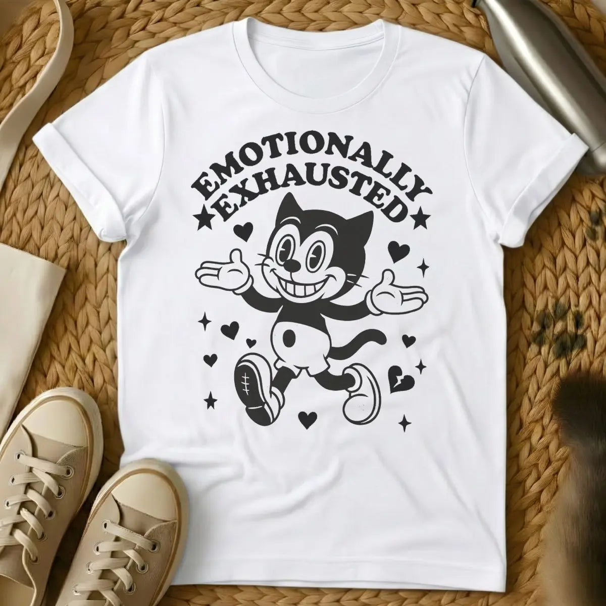 Emotionally Exhausted Cat Shirt - White T-Shirt - burnout humor, comfort core, emotional support animal humor