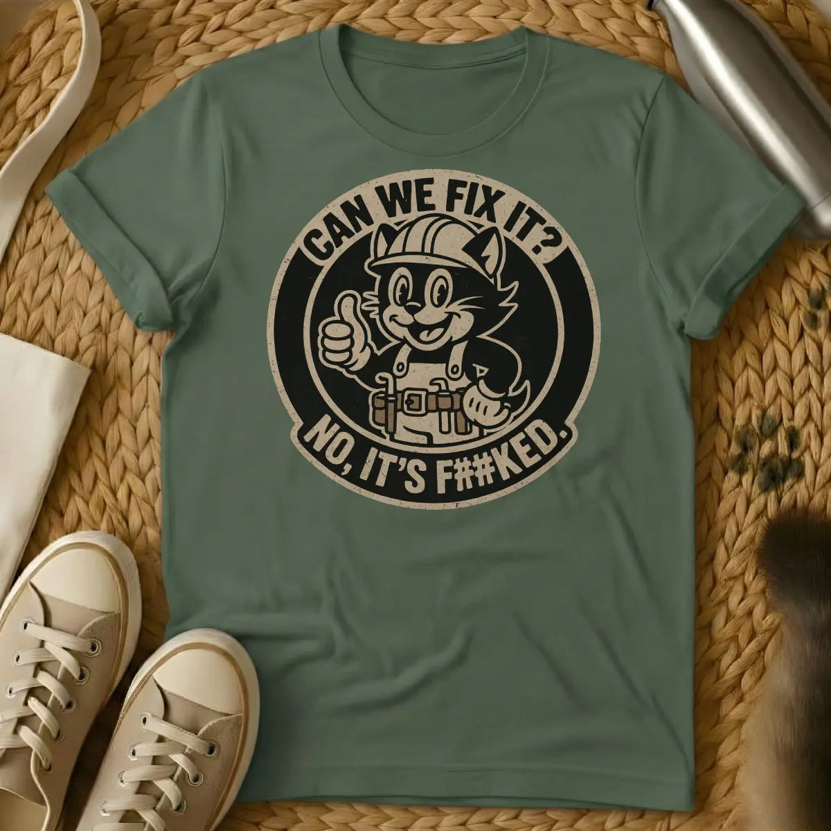 Can We Fix It Cat Shirt - Military Green T-Shirt - bob the builder parody, cat supervisor meme, diy cat humor