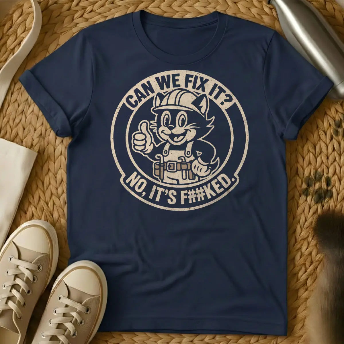 Can We Fix It Cat Shirt - Navy T-Shirt - bob the builder parody, cat supervisor meme, diy cat humor