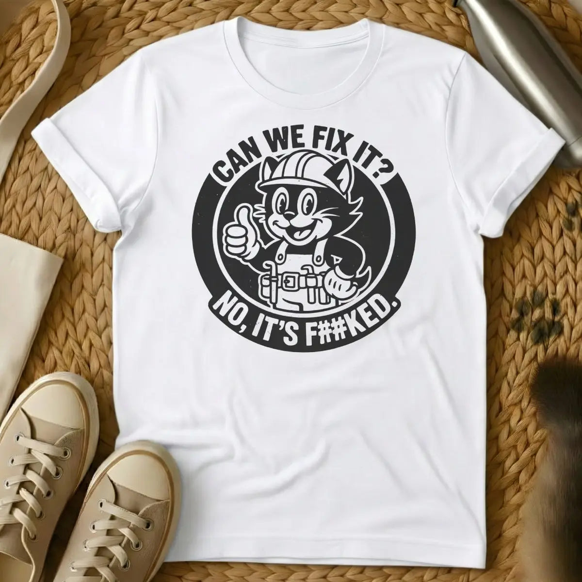 Can We Fix It Cat Shirt - White T-Shirt - bob the builder parody, cat supervisor meme, diy cat humor