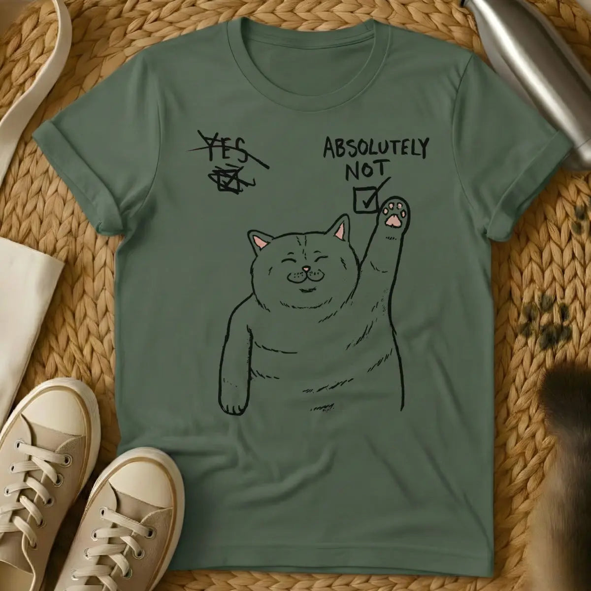 Absolutely Not Cat Shirt - Military Green T-Shirt - anti-social cat club, boundary setting humor, direct communication humor