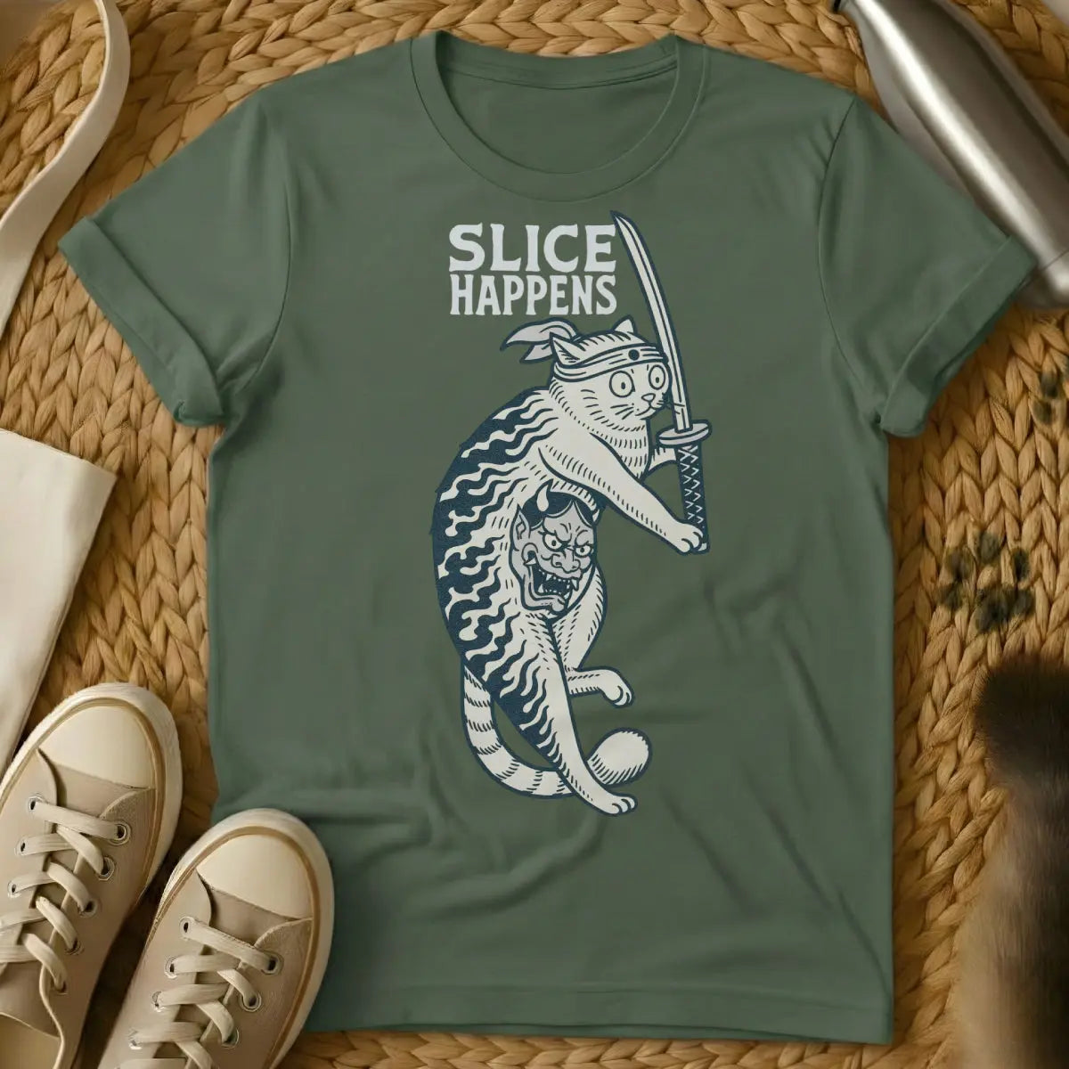 Slice Cat T-Shirt - Military Green Cat T-Shirt