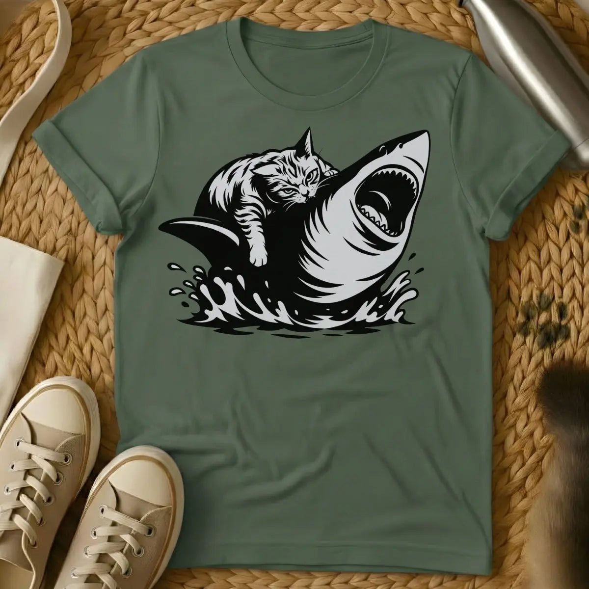 Shark Cat Shirt - Military Green Cat T-Shirt