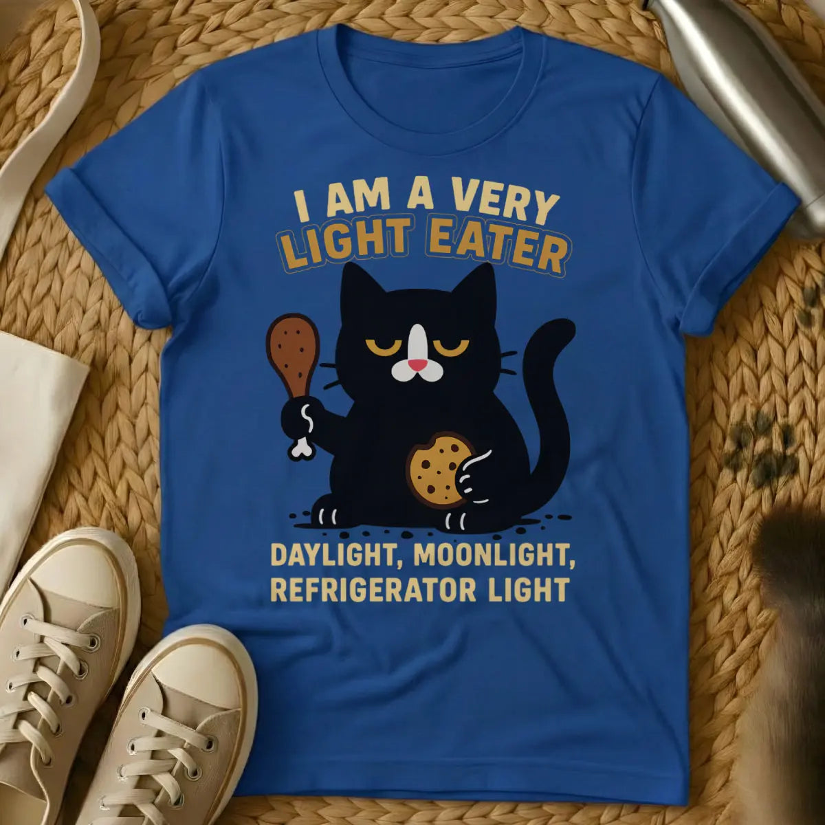 Funny Food Cat Shirt - Blue T-Shirt - cat owner mealtime humor, feline food critic, judgmental pet humor