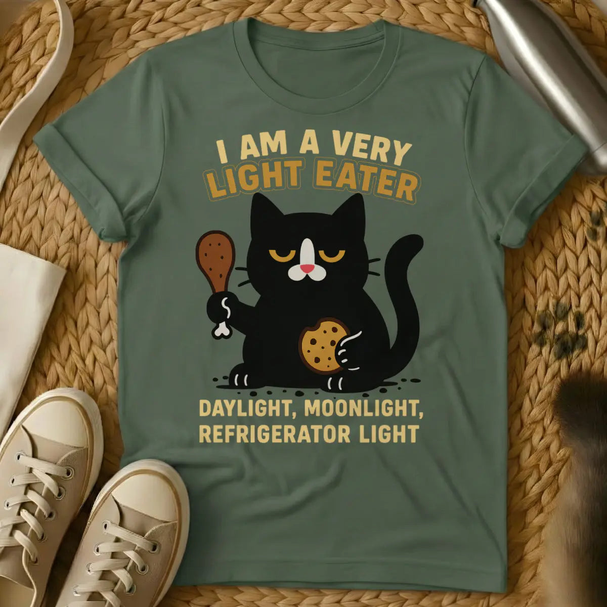 Funny Food Cat Shirt - Military Green T-Shirt - cat owner mealtime humor, feline food critic, judgmental pet humor