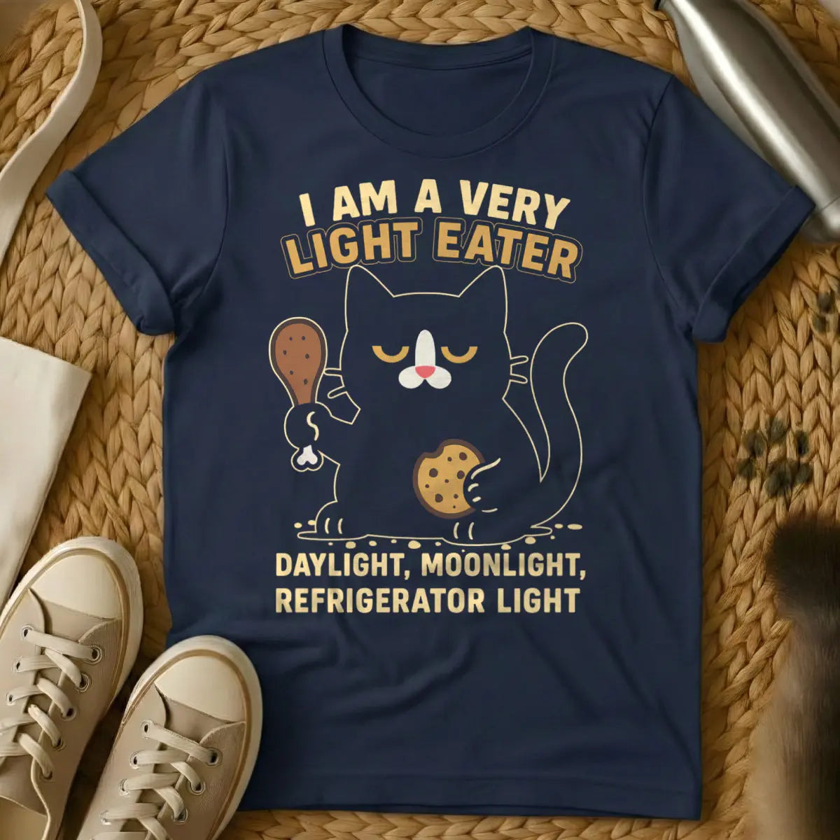 Funny Food Cat Shirt - Navy T-Shirt - cat owner mealtime humor, feline food critic, judgmental pet humor