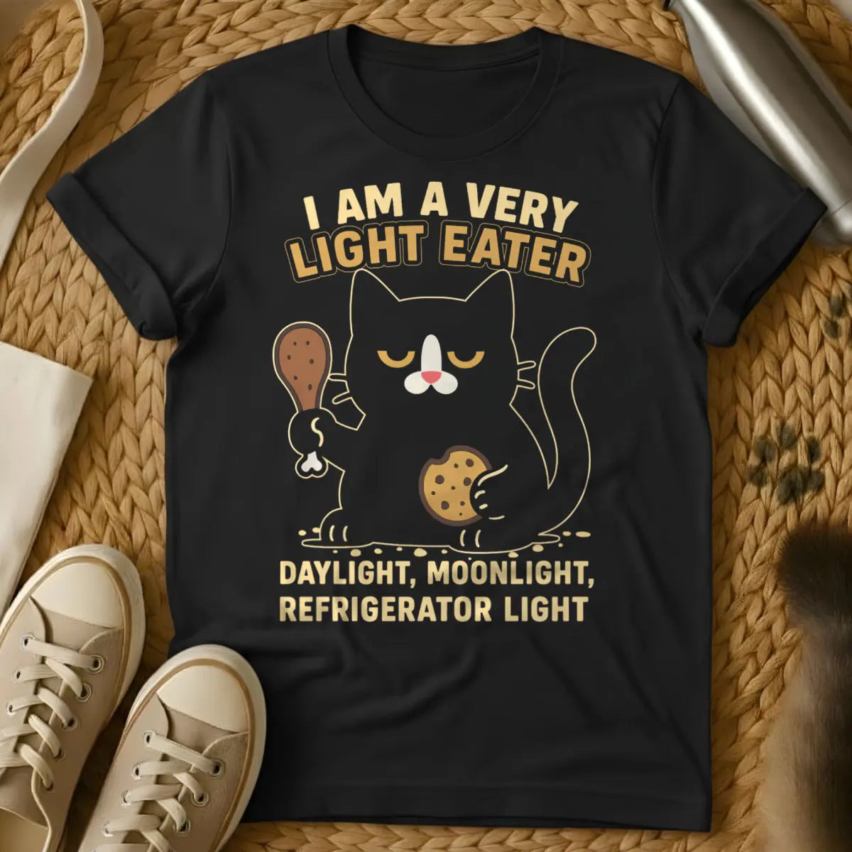 Funny Food Cat Shirt - Black T-Shirt - cat owner mealtime humor, feline food critic, judgmental pet humor