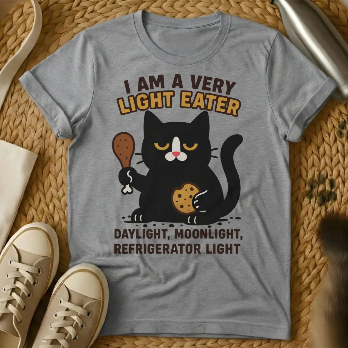 Funny Food Cat Shirt - Gray T-Shirt - cat owner mealtime humor, feline food critic, judgmental pet humor