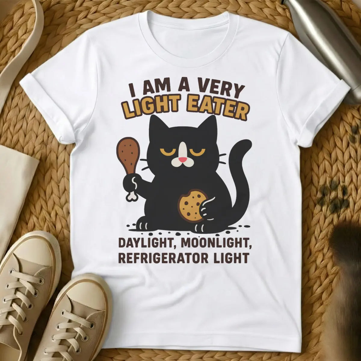 Funny Food Cat Shirt - White T-Shirt - cat owner mealtime humor, feline food critic, judgmental pet humor